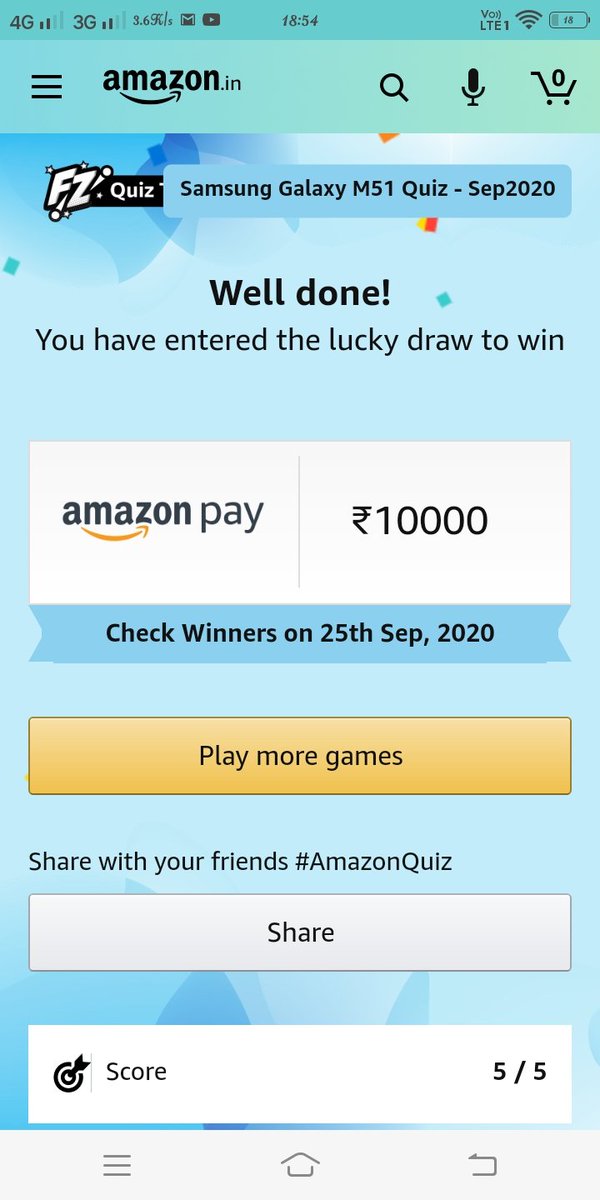 Deepak75932978's tweet photo. I win this quiz 
#amazon 
#AmazonQuiz https://t.co/8kpavXM9Tl