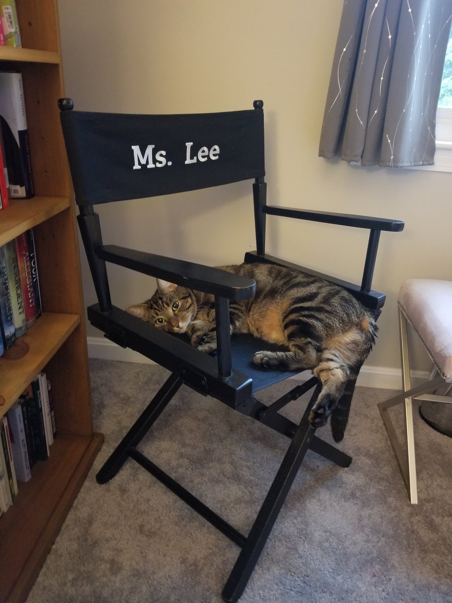 MLeeEngTchr's tweet photo. Puck LOVES the chair the cast & crew of Noises Off gave me after Dramafest finals!!! #shakespearecat #coteacher #dramacat #directorcat https://t.co/Af9Ldv9vp5