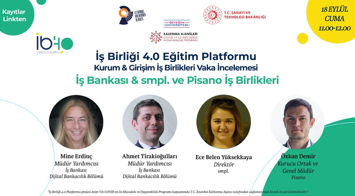 4Birligi's tweet photo. 🚀Başarılı Kurum - Girişim İş Birlikleri Panelleri serisinin 3. panelinde @isbankasi 'nın @hellosmpl ve @Pisano_EN ile gerçekleştirdiği iş birlikleri üzerine konuşulacak.

Etkinlik Detay;
📅18 Eylül Cuma, 11.00-12.00
Link: https://t.co/foMAbYLVyH https://t.co/iKIwV0pAlf