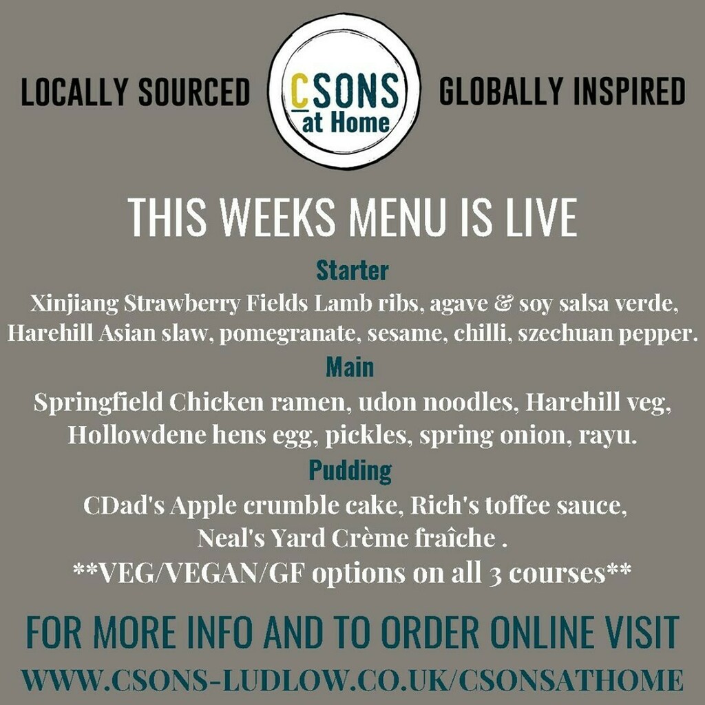 CSonsShrewsbury's tweet photo. Next week's #CSonsAtHome menu is now live and taking orders for delivery or collection in Ludlow and Shrewsbury.
Our CSONS at Home meal kits allow you to recreate dishes from our restaurants to.enjoy in the comfort of your own home, and because we've do… https://t.co/47s3nQX5NQ https://t.co/lBZcrMoJ28