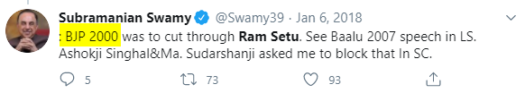 Now coming back to  @Swamy39, he has always claimed that BJP was not involved in the fight for Ram Setu at all & that he was the sole crusader of Hindus & Lord Rama!!9/n #BoastLikeSwamy