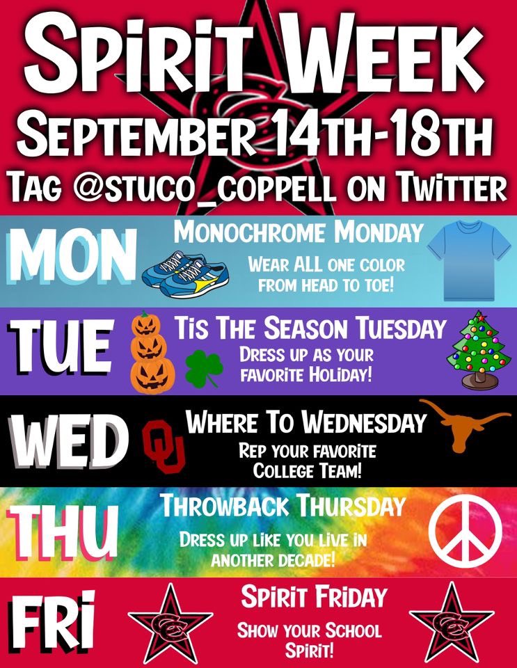 Make sure to Dress up next week for our Spirit Week! Whether you’re at home or in person join in on the fun! Make sure to tag <a href="/stuco_coppell/">Student Council</a> #coppell #chs #coppellstuco