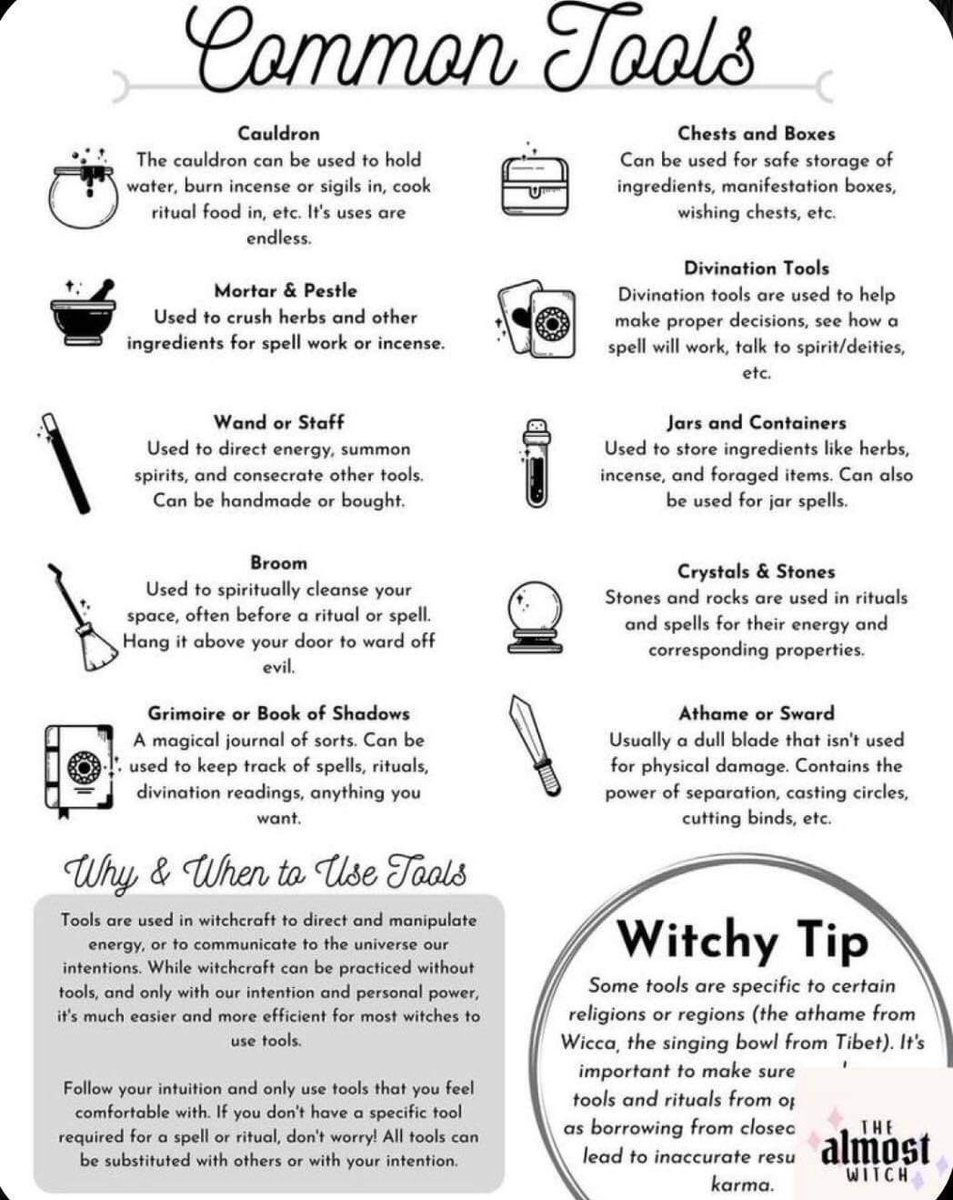 TheChaosWitch1's tweet image. #witchtools #witchcraft #divination #tools here’s a list of common tools used. Do you need them? No. Can they help? Sure, they can help focus your intentions towards your craft.