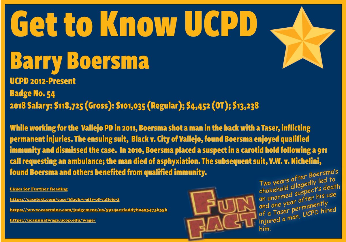 Barry Boersma, who killed a man with a carotid hold and shot another in the back with a Taser while working for Vallejo PD.  #qualifiedimmunity  #hiredbyucpd  #acaberkeley