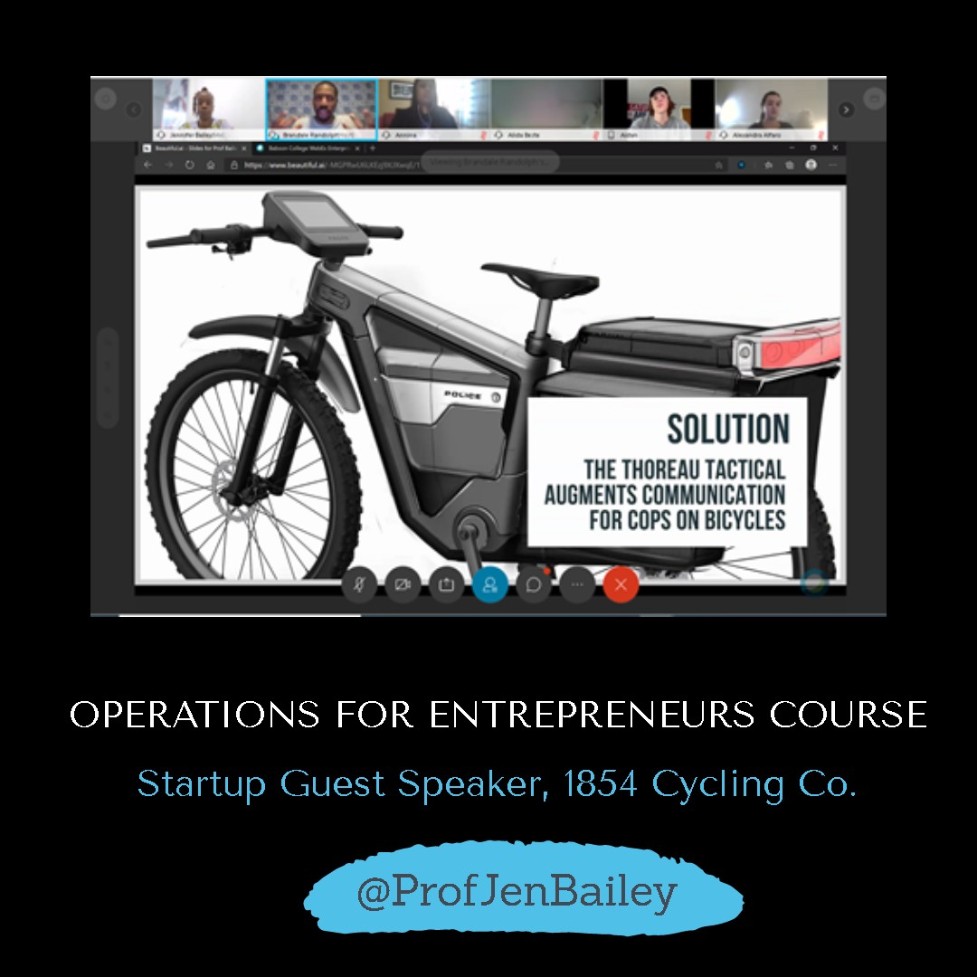 ProfJenBailey's tweet image. Great to have @Brandale1854 from 1854 Cycling as Guest Speaker for my @babson Operations for Entrepreneurs course! We spoke about all things Startup Operations: Outsourcing, Setting up a Manufacturing Facility, Raw Materials, Import Tariffs, Cash Flow &amp;amp; Startup Burn Rates! Thx B!