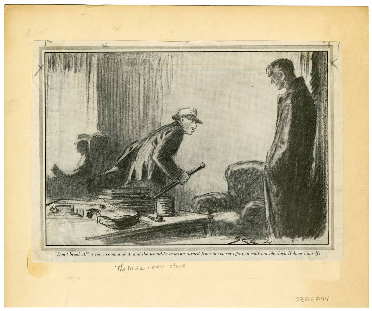 We  @SherlockUMN  @umnlib head into the weekend & leave you with this FDS illustration for "The Mazarin Stone" in Collier's Magazine. A violin-key to the story-sits on the desk, reminding us of music's power in times of danger, painful memory, or distress.  http://purl.umn.edu/99016 