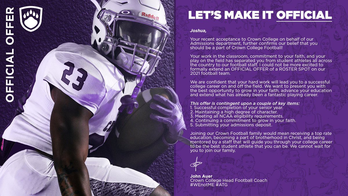 2witty4you1's tweet photo. I am extremely blessed to have received my first offer from @CrownCollegeFB @Coach_MLeathers @BrittFootball https://t.co/hVz12kMdh2