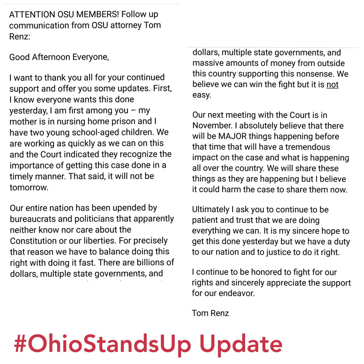  #OhioStandUp ... More updates from attorney Tom Renz  #Ohio  #Lawsuit  #Unconstitutional  #September11