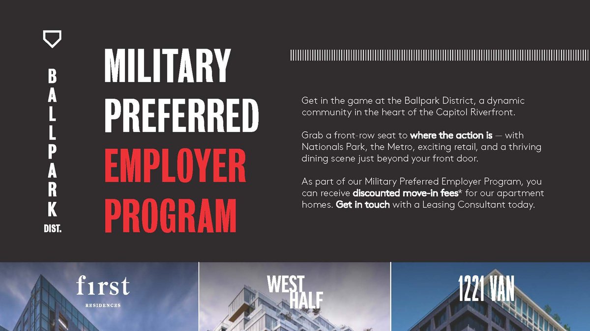 Get in the game at the Ballpark District, a dynamic community in the heart of the Capitol Riverfront. Get in touch with our leasing team about our Military Preferred Employer Program.