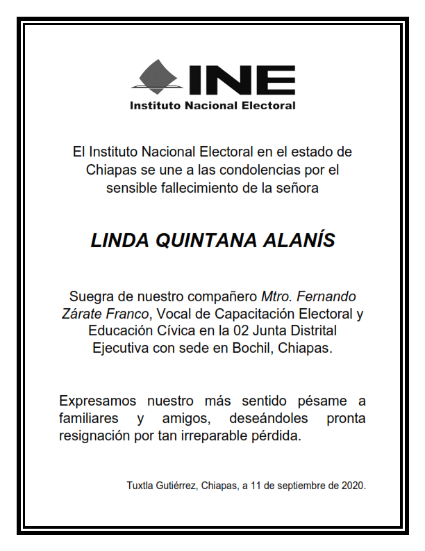 INE_Chiapas's tweet photo. La comunidad #INEChiapas se une a la pena que embarga a familiares y amistades del compañero Vocal de Capacitación Electoral y Educación Cívica en el #Distrito02Bochil, Fernando Zárate Franco, por el sensible fallecimiento de su suegra Linda Quintana Alanís.
#QEPD https://t.co/hUl5u8KnPj