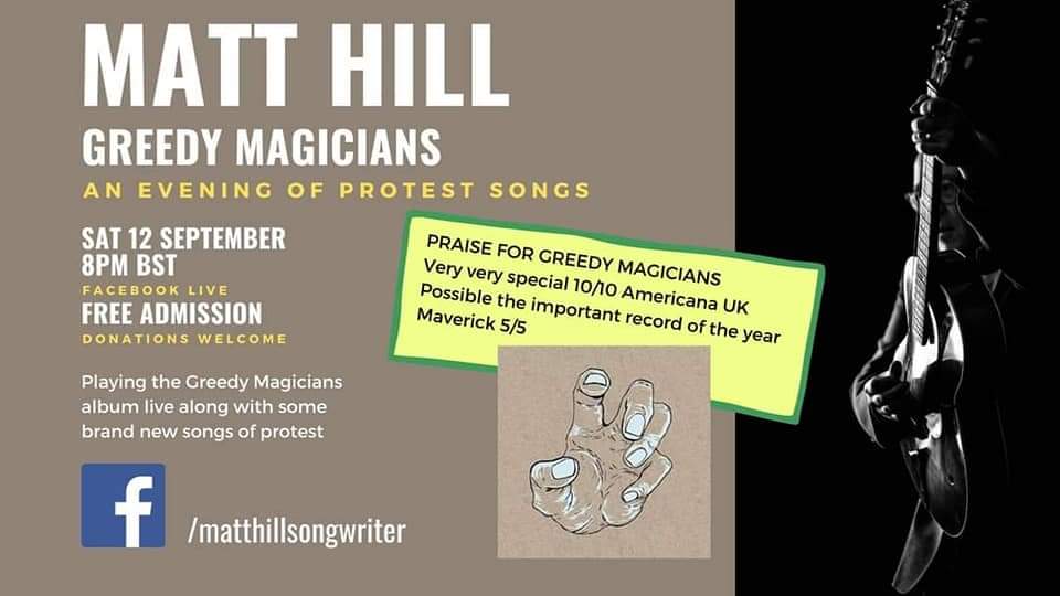 So excited for this! The marvelous Matt Hill (<a href="/quietloner/">sigma male</a>) livestreaming his Greedy Magicians album (and more) tomorrow, 8pm, on his fbk page. If you don't trust me, trust the reviewers: "very, very special"; "most important album of the year" 🎙🎼👏❤
#Livestream #Gig #livemusic