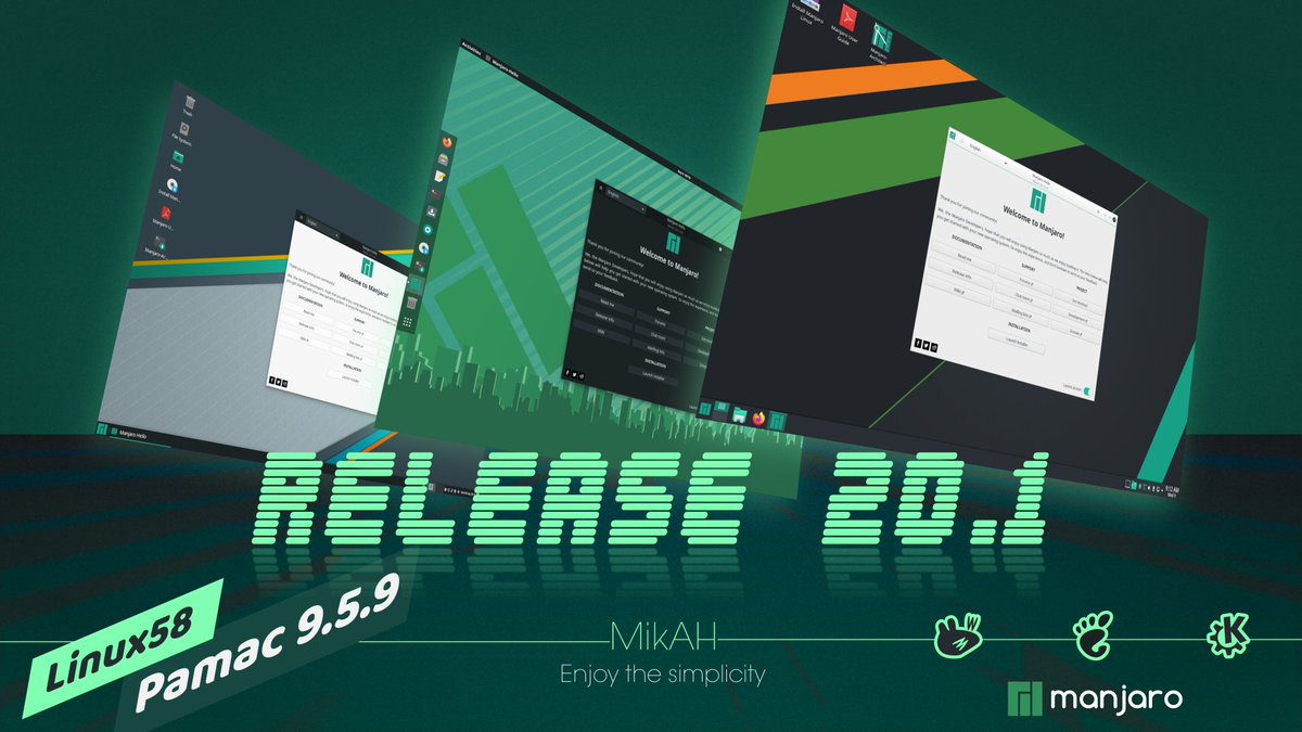 ManjaroLinux's tweet image. It took us a long time to prepare this one, but #Mikah is now officially out! Get the latest @gnome, #Plasma5 by @kdecommunity and #XFCE by @xfceofficial with the latest #FreeSoftware the #Linux community can offer ... manjaro.org/download/