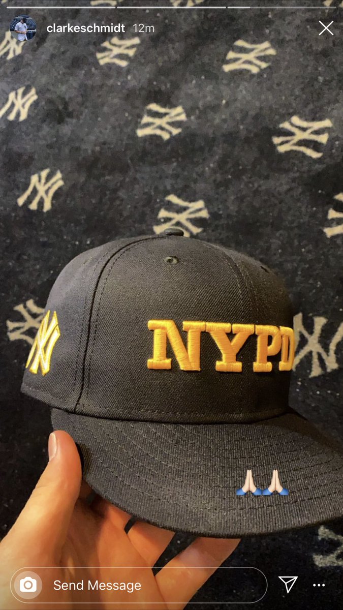 YankeeReport_'s tweet photo. From Clarke Schmidt and Gleyber Torres’ Instagrams... Looks like the Yanks will be wearing these NYPD and FDNY hats tonight. So awesome. https://t.co/yqhmByA1ay