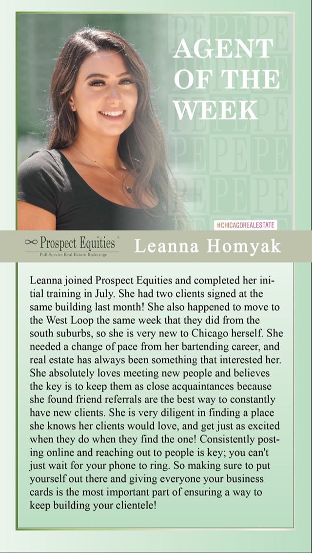 PrEq's tweet photo. Congrats to PE Agent of the Week Leanna Homyak on closing her first 2 deals this week @PrEq #Chicago #PE #ProspectEquities #RealEstate #dedication #drive #agent #Producer https://t.co/Wqp6QXc18S