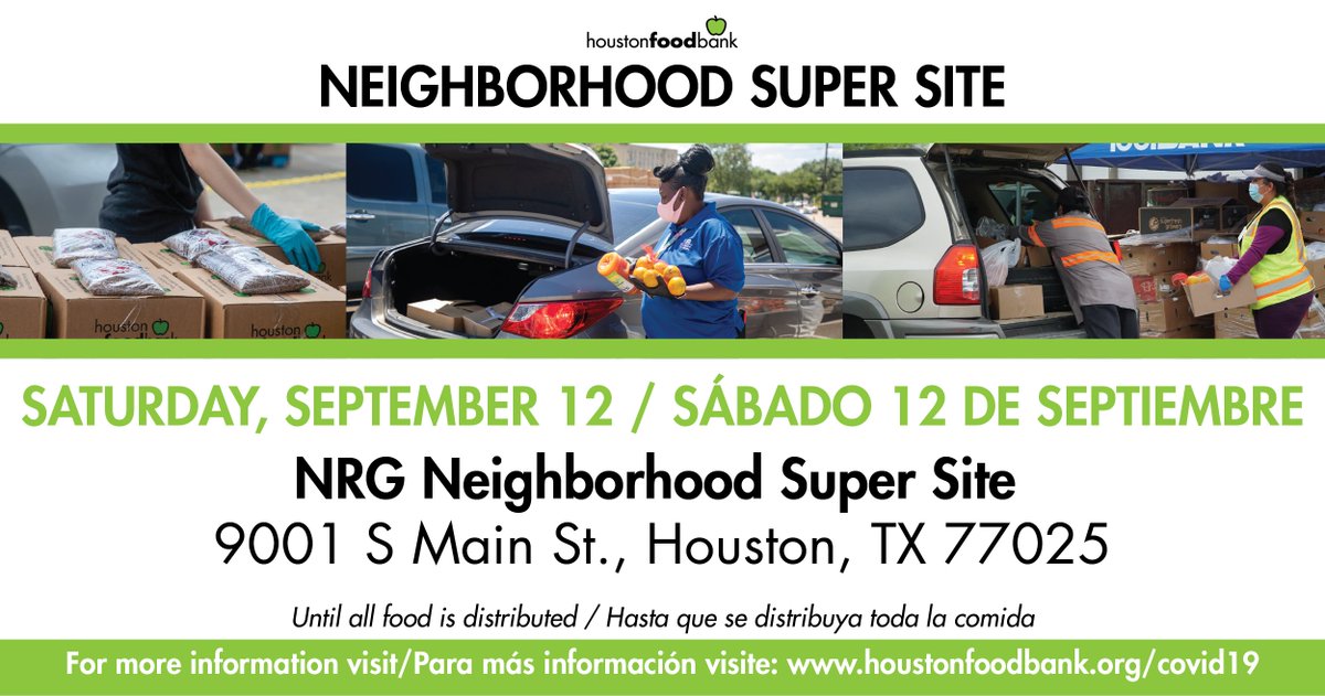 HoustonFoodBank's tweet image. 🍏NRG DISTRIBUITON🍏
Food distribution at NRG on Sat, 9/12, 9-1p (9001 S. Main)
📌 Event weather permitting
📌 Event can end when all food is distributed

Families can arrive by vehicle or foot, social distancing enforced. (*Walkups need to enter at Lantern Point Dr)