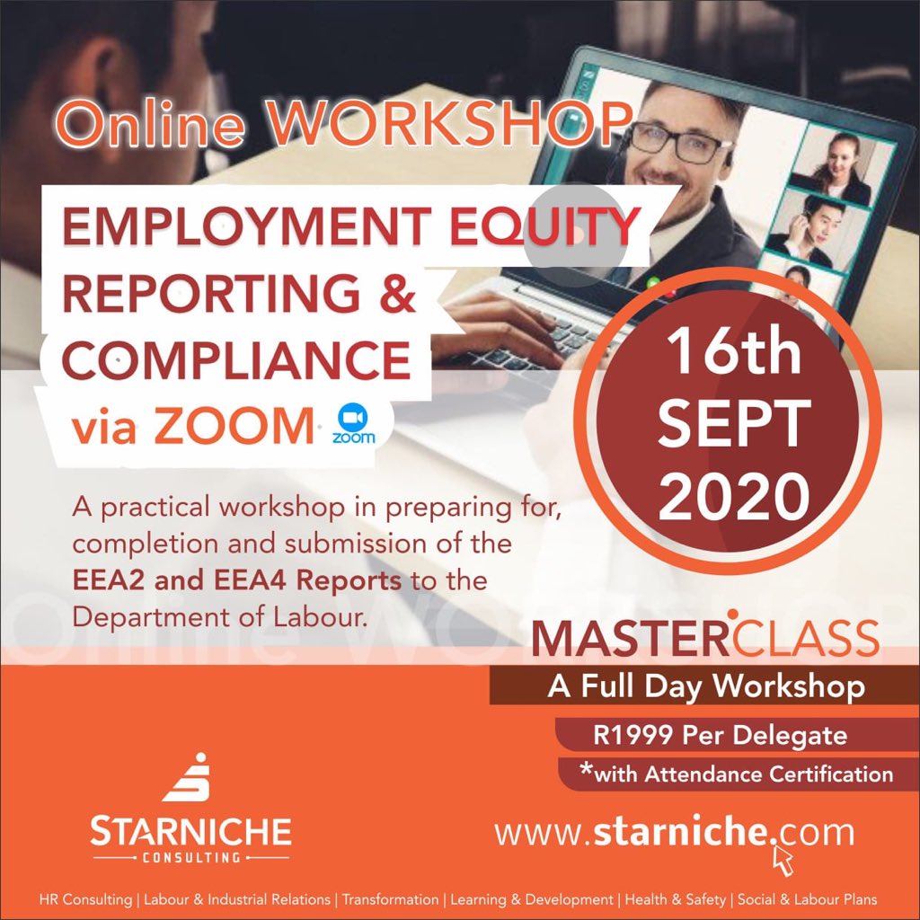 Starniche5's tweet photo. Employment Equity Reporting changed since the publishing of Gazette 10975. This training covers the new reporting format. Make a booking urgently. Contact us on info@starniche.com or (011) 524-6857
.
.
.
#wecanassist #Capitecbank #nedbank #DJSBU #casspernyovest #AnyMinuteNow https://t.co/bv21DUk1HY