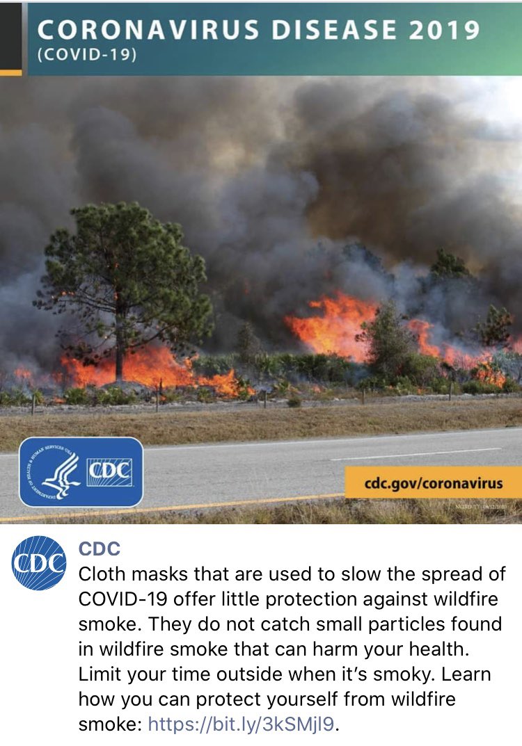 And here’s @cdcgov warning ordinary (non-N95) masks will do nothing to protect you against wildfire smoke because “they do not catch small particles.”

Fun fact: smoke particles are far larger than #SARSCoV2.

Your mask protects... well, no one.