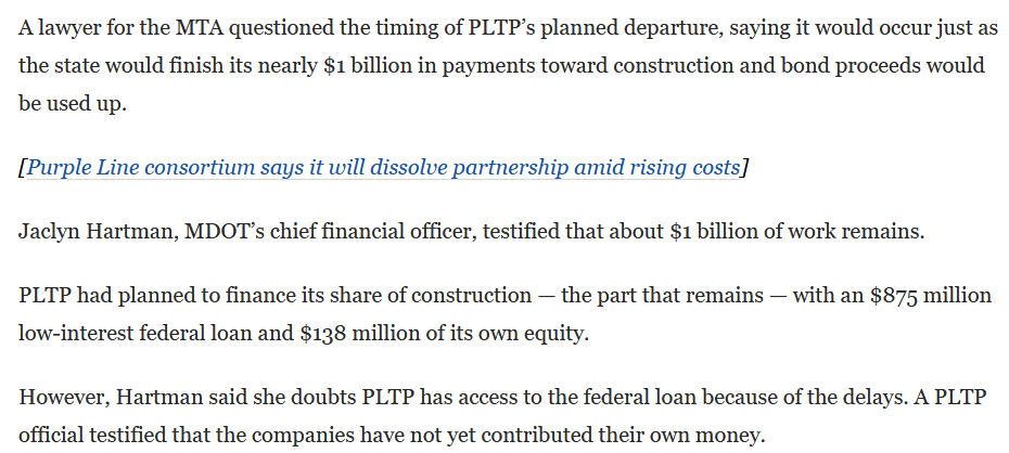 At this point in the project, the state has put in all the money and the Purple Line Transit Partners are going to walk before their money is on the line.
