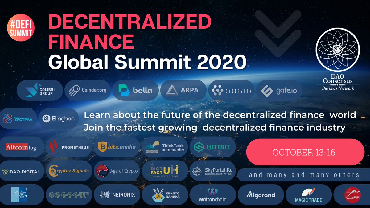 ColibriGroup's tweet photo. ⚡️We invite you to #DeFi Global #Summit 2020! The summit is organized by #GOOOUP & @daoconsensus
The General partner of the summit is #ColibriGroup & @coindar_
⏱️Stay tuned for updates and new announcements.
The summit promises to be hot!
🎯 https://t.co/jueE7gOwK5 https://t.co/7OId9FB0bO