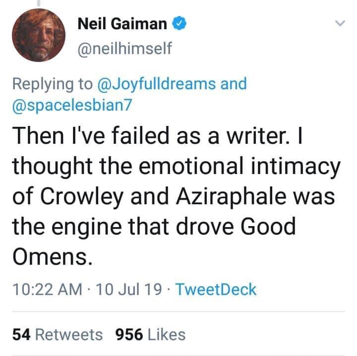 There’s no real reason for this but please have a thread of Neil (and Douglas) confirming that Good Omens is a non-binary romance