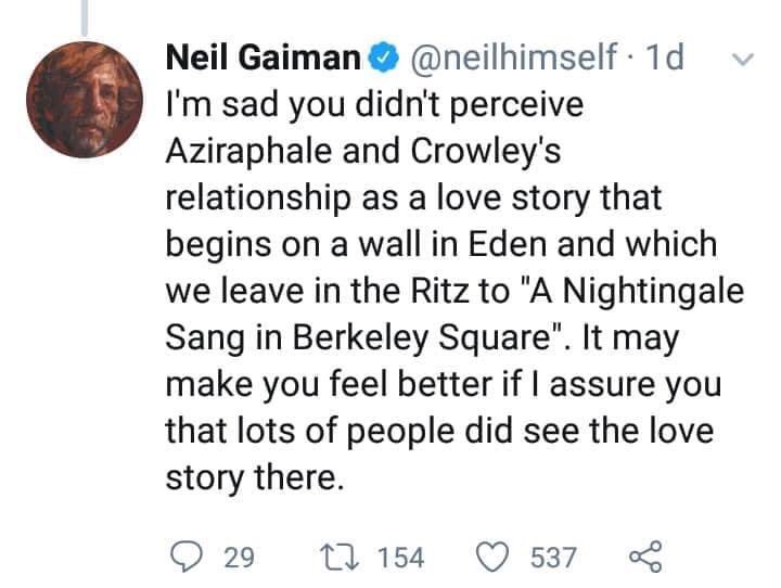 There’s no real reason for this but please have a thread of Neil (and Douglas) confirming that Good Omens is a non-binary romance