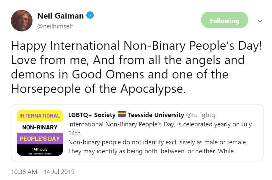 There’s no real reason for this but please have a thread of Neil (and Douglas) confirming that Good Omens is a non-binary romance