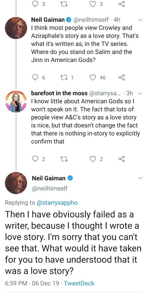 There’s no real reason for this but please have a thread of Neil (and Douglas) confirming that Good Omens is a non-binary romance