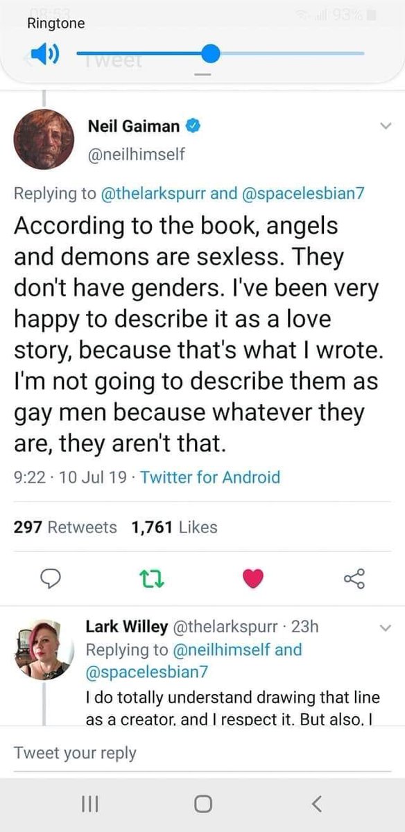 There’s no real reason for this but please have a thread of Neil (and Douglas) confirming that Good Omens is a non-binary romance