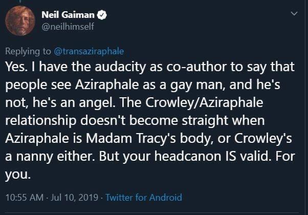 There’s no real reason for this but please have a thread of Neil (and Douglas) confirming that Good Omens is a non-binary romance