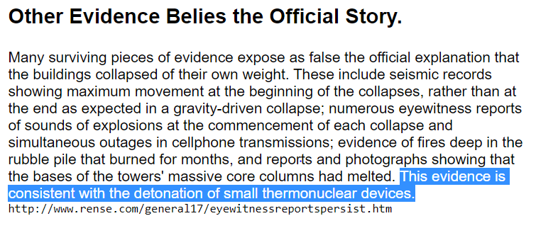 Mar 2003 Jim Hoffman put out flyers claiming evidence of max seismic mvmt & rpts of explosions at beginning of collapse, cellphone outages, deep fires lasting mos & melted core columns all "consistent with the detonation of small THERMONUCLEAR devices"8/ http://911research.wtc7.net/materials/early/flyer2/flyerd.htm