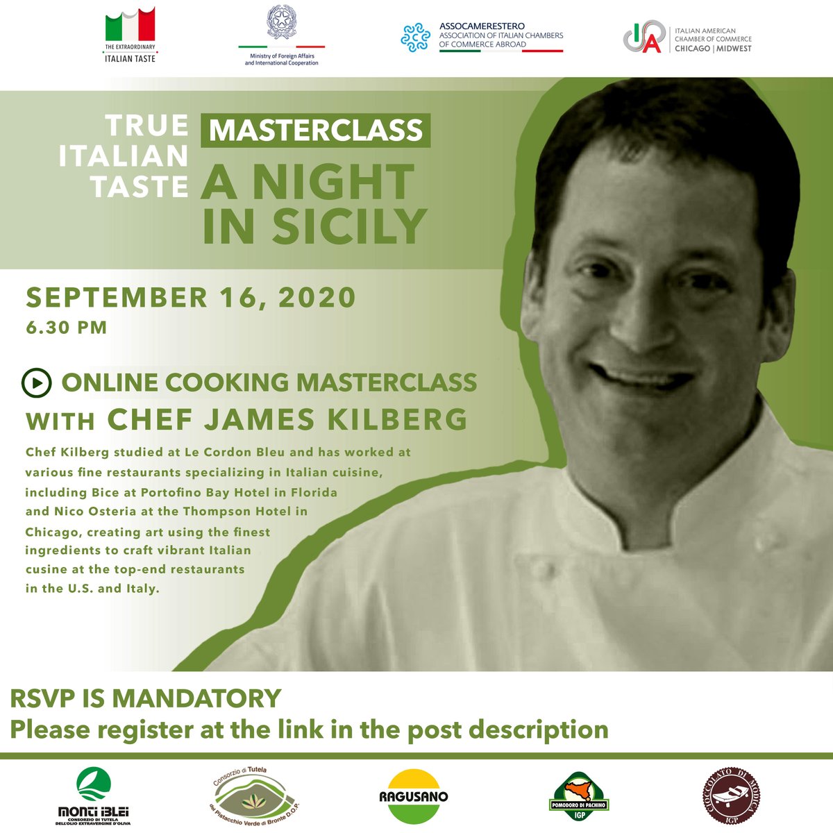 On SEPTEMBER 16, 2020 at 6:30 pm CT join us ONLINE for an exclusive cooking class dedicated to authentic Sicilian products, hosted by the incredible Italian chef, James Kilberg. To participate fill out the following form: bit.ly/32tdxXb #trueitaliantaste