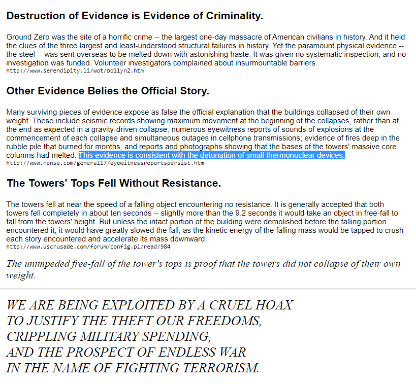 Mar 2003 Jim Hoffman put out flyers claiming evidence of max seismic mvmt & rpts of explosions at beginning of collapse, cellphone outages, deep fires lasting mos & melted core columns all "consistent with the detonation of small THERMONUCLEAR devices"8/ http://911research.wtc7.net/materials/early/flyer2/flyerd.htm