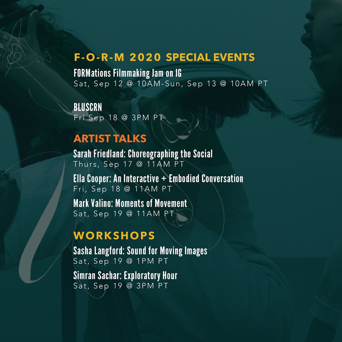 SFU_W's tweet photo. F-O-R-M 2020 runs for one week starting Saturday, September 12! Visit our link in bio to buy an All Access Pass (starting at $5) 🎟#FORM #FORM2020
Graphic design by Flory Huang
✨ Special Events
🗣 Artist Talks
🤸♀️ Workshops
📽 Film Screenings
https://t.co/iCir47Nkdi https://t.co/l4ajSkfm1p