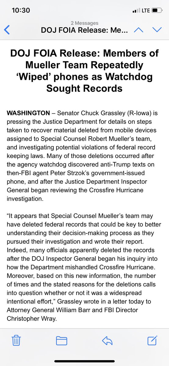 the stated reasons for the deletions calls into question whether or not it was a widespread intentional effort,” Grassley wrote in a letter today to Attorney General William Barr + FBI Director Christopher Wray. READ  @CBSNews  https://www.justice.gov/oip/foia-library/general_topics/communications_strzok_and_page_09_04_20/download
