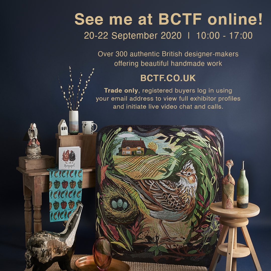 Excited to be exhibiting at the @BCTF_Harrogate online event this September! Trade only - register on the BCTF website. 300+ British designer-makers exhibiting! This will be my first trade fair and I’m busy prepping. I look forward to ‘seeing’ you there! #tradefaironline