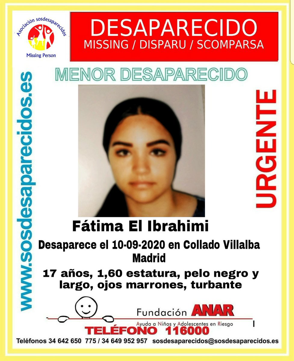 🚩URGENTE⚠️

Fátima tiene 17 años y desapareció ayer en #Madrid.

Por favor, si la has visto o sabes dónde está, llámanos📞: 091, 112, 062

Tu RT no cuesta nada y puede ayudar a encontrarla🙏