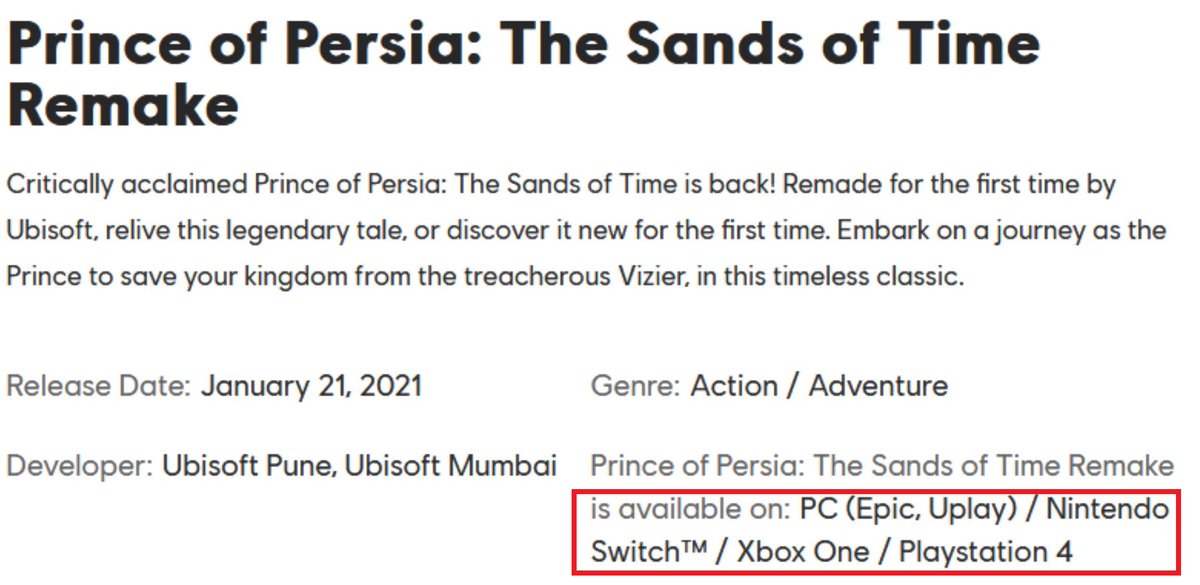 れんか プリンス オブ ペルシャ 時間の砂 リメイク 初報ではswitch版は無かったんですが 公式サイトには当初switch版も掲載されていました しかし 数時間後に削除 また Ubiフランスのtwitterでもswitch版があるというツイートを即削除