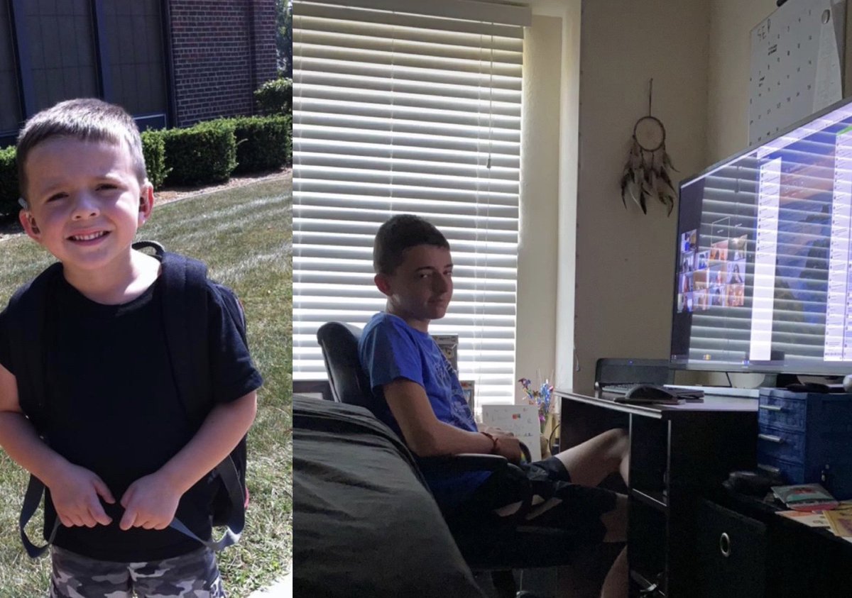 NikkyV262's tweet photo. First day of Kindergarten compared to first day of 8th grade 💛✨ #firstdayofschool2020 #Kindergarten #virtuallearning #grateful  #WorkFromHome https://t.co/0VV93QnZBa