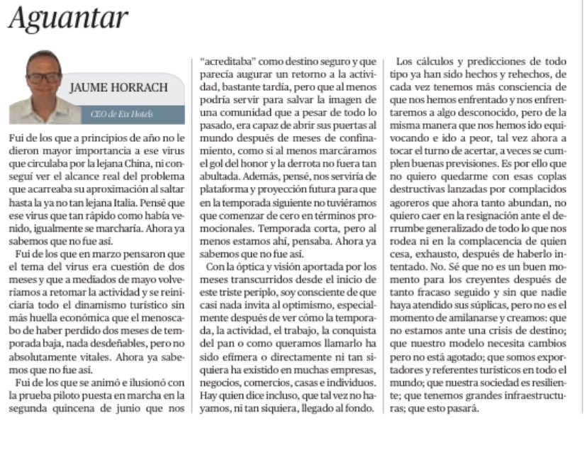 🔴 A punto de iniciar el fin de semana compartimos el artículo de <a href="/HorrachJaume/">Jaume Horrach</a> vicepresidente ll <a href="/fehmallorca/">FEHM</a> publicado hoy x <a href="/ElEconomicoUH/">El Económico</a> <a href="/UHmallorca/">Ultima Hora Mallorca</a> 

📝“Ni estamos ante una crisis de destino, ni nuestro modelo turístico está agotado, aunque es evidente que necesita cambios”