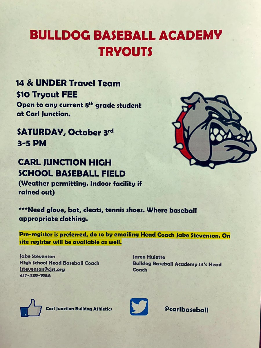 carlbaseball's tweet image. See picture below regarding info on 14u tryouts coming up!
