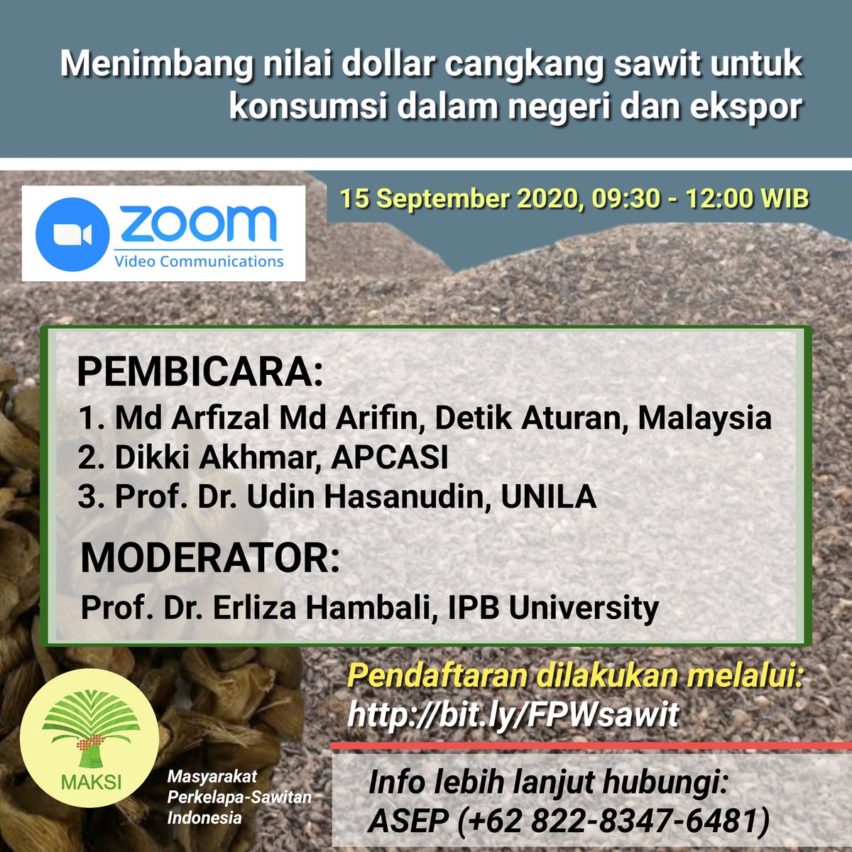 darmonot's tweet image. Mendengarkan pelaku bisnis dan ilmuwan cangkang sawit di satu webinar. 
#cangkangsawit #palmkernelshell #renewableenergy #energiterbarukan #ebtke  #PalmOil #sawit #boiler #biochar #biomaterial