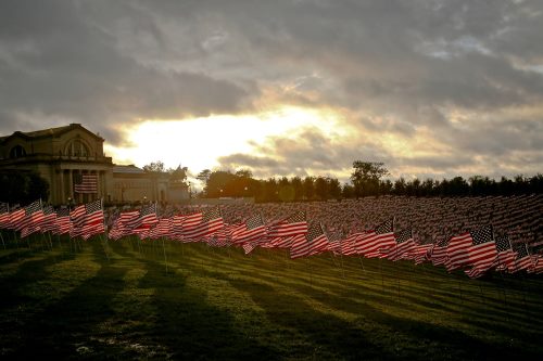 Art Hill, St. Louis Art Museum, September 11, 2011 at sunrise, and at sunset.  Amazing display of honor and remembrance. Each of the 3,000 flagpoles bore the name of a victim of 9/11.  #neverforget