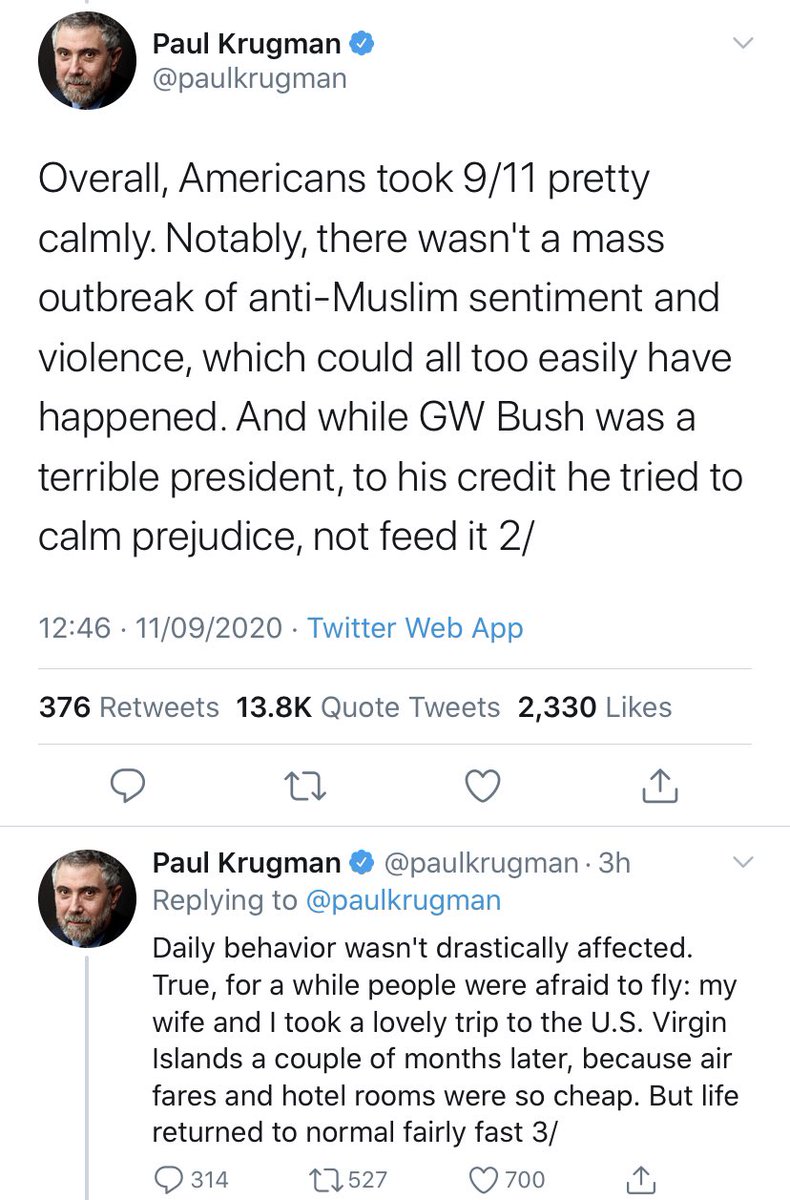 So  @paulkrugman while you and your wife were benefiting from cheap airfare after 9/11, the lack of anti-Muslim sentiment that you allege didn’t take place, was entirely systemic and led by the Bush administration. Here are just some examples: