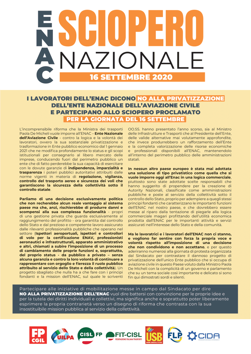 FpCgilNazionale's tweet photo. 🔴 Lavoratrici e lavoratori dell’@EnacGov contro la privatizzazione dell'ente promossa dalla titolare del @mitgov @paola_demicheli, ecco le ragioni dello sciopero del #16settembre ⤵️

📥 Scarica il volantino ➡️ https://t.co/RXrmAurUy2

#CiSiamo https://t.co/sFuiyNqXSD