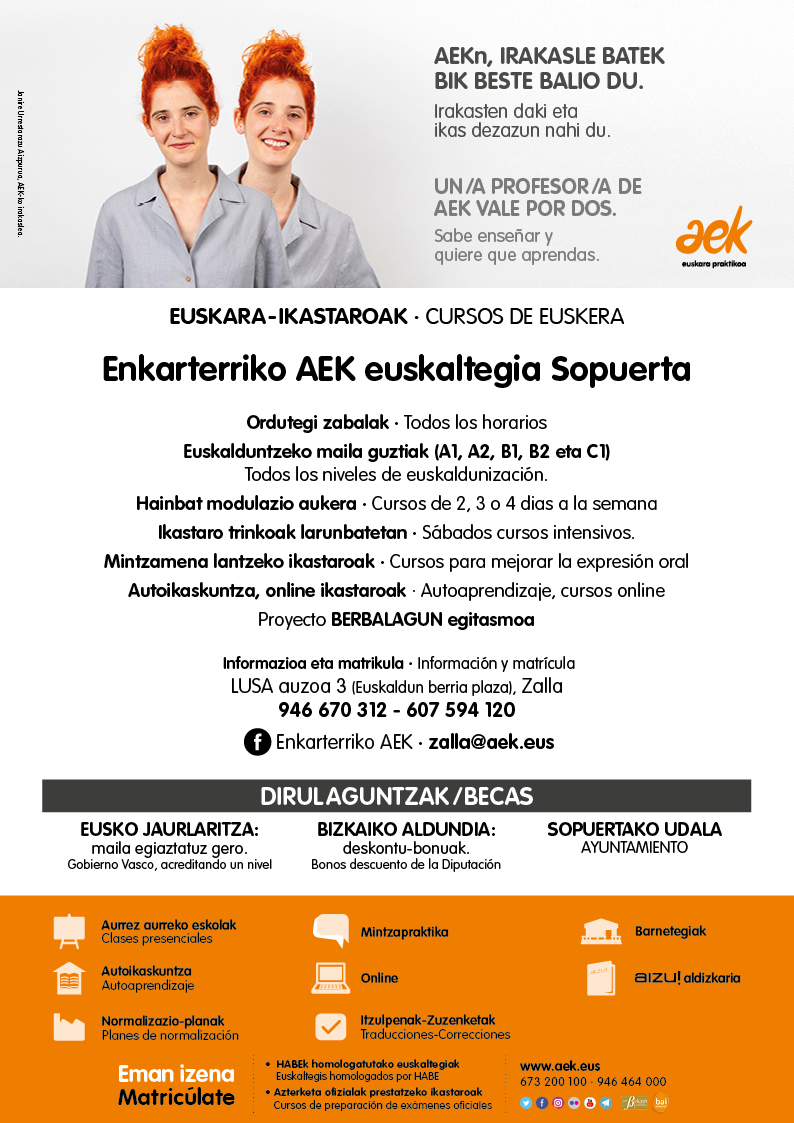 Quieres aprender euskera en Sopuerta? AEK te ofrece clases de euskera cerca de casa y adaptadas a la nueva situacion. Pidenos informacion y apuntate!
 #euskarasopuerta, #enkarterrikoaek, #sopuerta