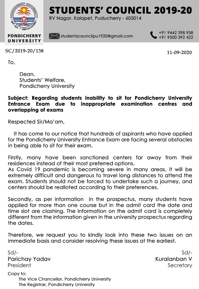 SC_PondiUni's tweet photo. Respected @GurmeetSinghVC - many of the applicants for our entrance exams have faced a range of problems in the application process. Please direct the administration to sort out these issues immediately. https://t.co/DpQgHKKXk0