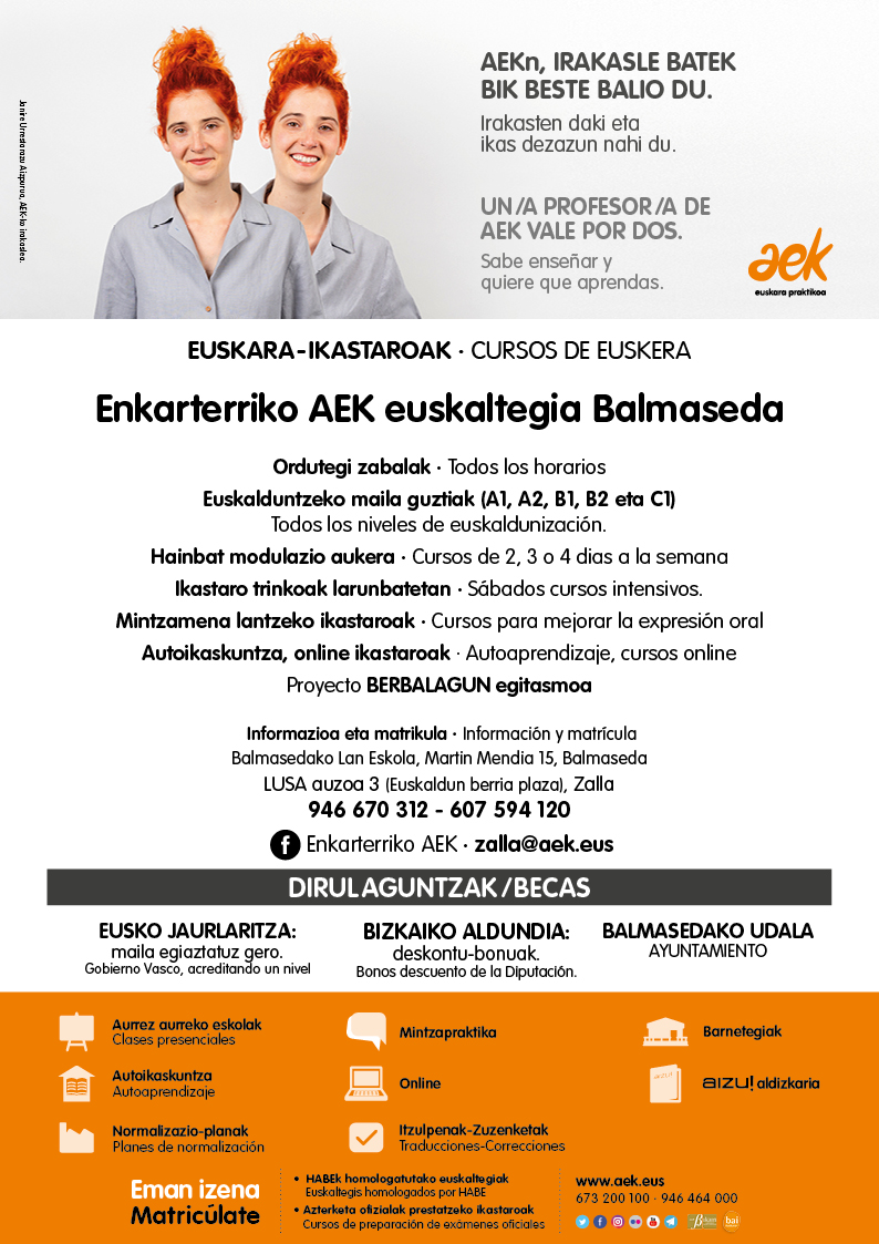 ¡Clases de euskera en Balmaseda! Adaptadas a la nueva situacion, este curso tambien pondremos en marcha nuestros grupos en Balmaseda.¡APUNTATE!
#euskarabalmaseda, #balmasedakoaek, #balmaseda,