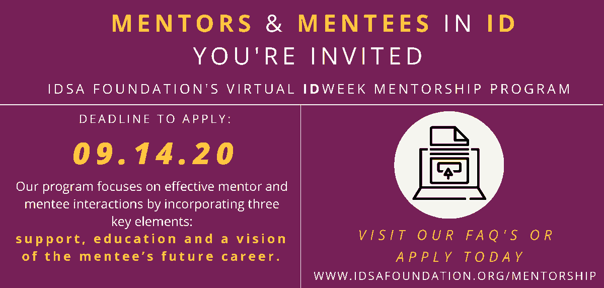 SIDP (@sidpharm) on Twitter photo Mentors & Mentees in ID - You're invited to apply for the <a href="/IDSAFoundation/">IDSA Foundation</a> #IDWeek Mentorship Program! Applications are due on 9/14/20!
For more information about the application process, please visit idsafoundation.org/idweek-mentors… Mentors & Mentees in ID - You're invited to apply for the <a href="/IDSAFoundation/">IDSA Foundation</a> #IDWeek Mentorship Program! Applications are due on 9/14/20!
For more information about the application process, please visit idsafoundation.org/idweek-mentors…