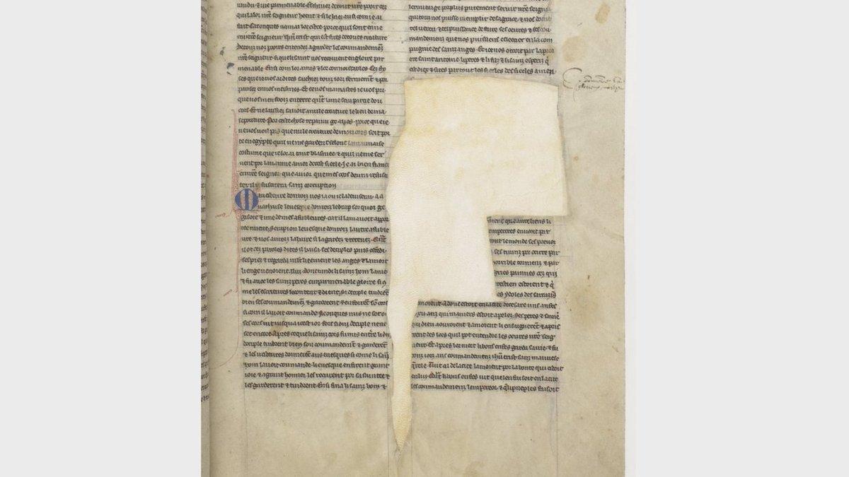 Mystery #4: This is an expensive, beautiful manuscript. So beautiful that someone, at some point, decided to cut off some of its illustrations & initials. You can see the spaces, neatly cut, where these images used to be. 10/ 