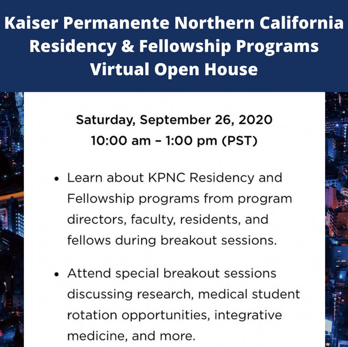 Please join us for the Kaiser Permanente Northern California Virtual Open House on Saturday, September 26th, 11:00 am - 1:00 pm. Register by 9/23—see last post
#kaiserpermanente #kaiseroakland #psychiatry #openhouse #meetandgreet #aadprt #snma #thrive #gme #acgme